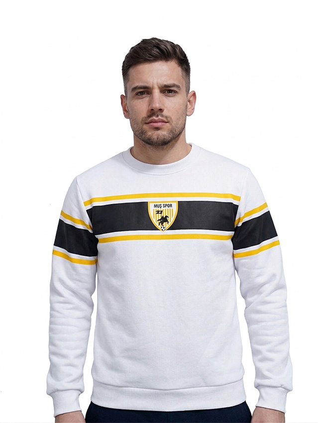 Muşspor Lisanslı Beyaz Sweatshirt - Şerit Detaylı